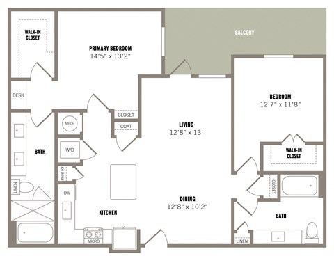 Floor plan for 2 beds, 2 baths, 1202 sqft